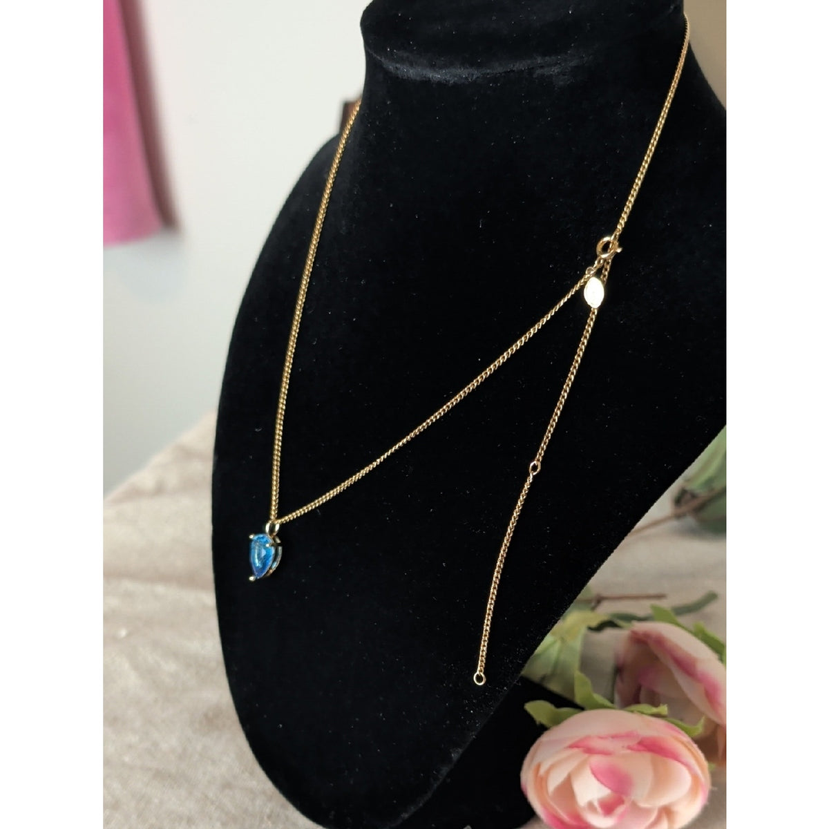 Blue Crystal Teardrop Pendant Necklace  Gold Tone Celestial Glam Statement