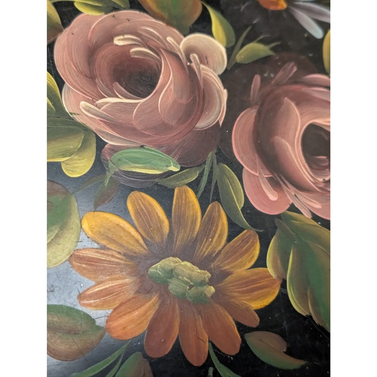 Vintage Tashco Hand Painted Toleware Tray 20” Floral Black Metal Pierced Edge