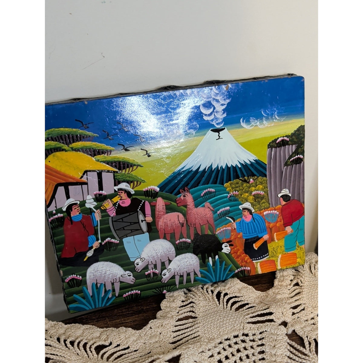 Ecuadorian Folk Art Paintings Pair Hand Painted Andean Village Textured Canvas