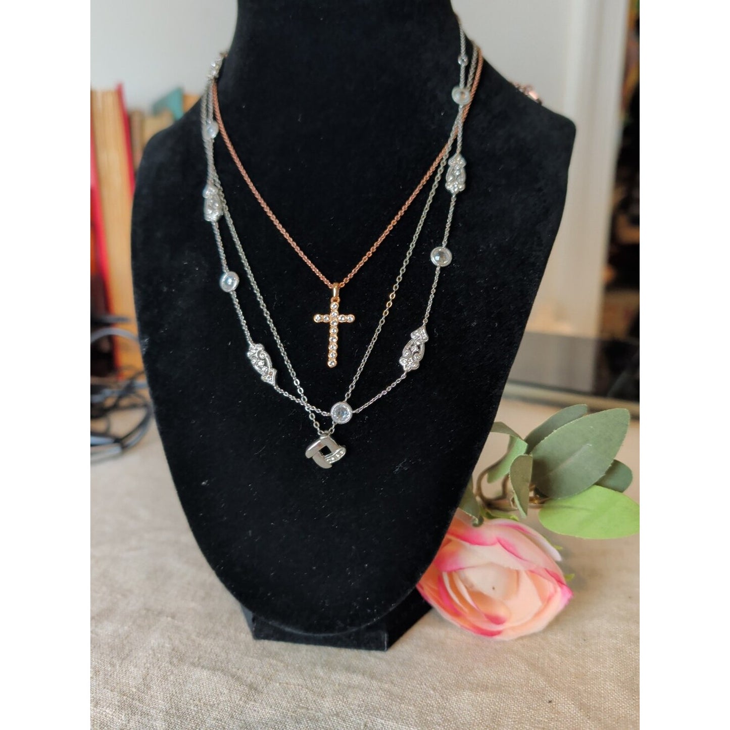 Rose Tone CZ Cross Necklace Dainty Minimalist Faith Jewelry Layering Necklace