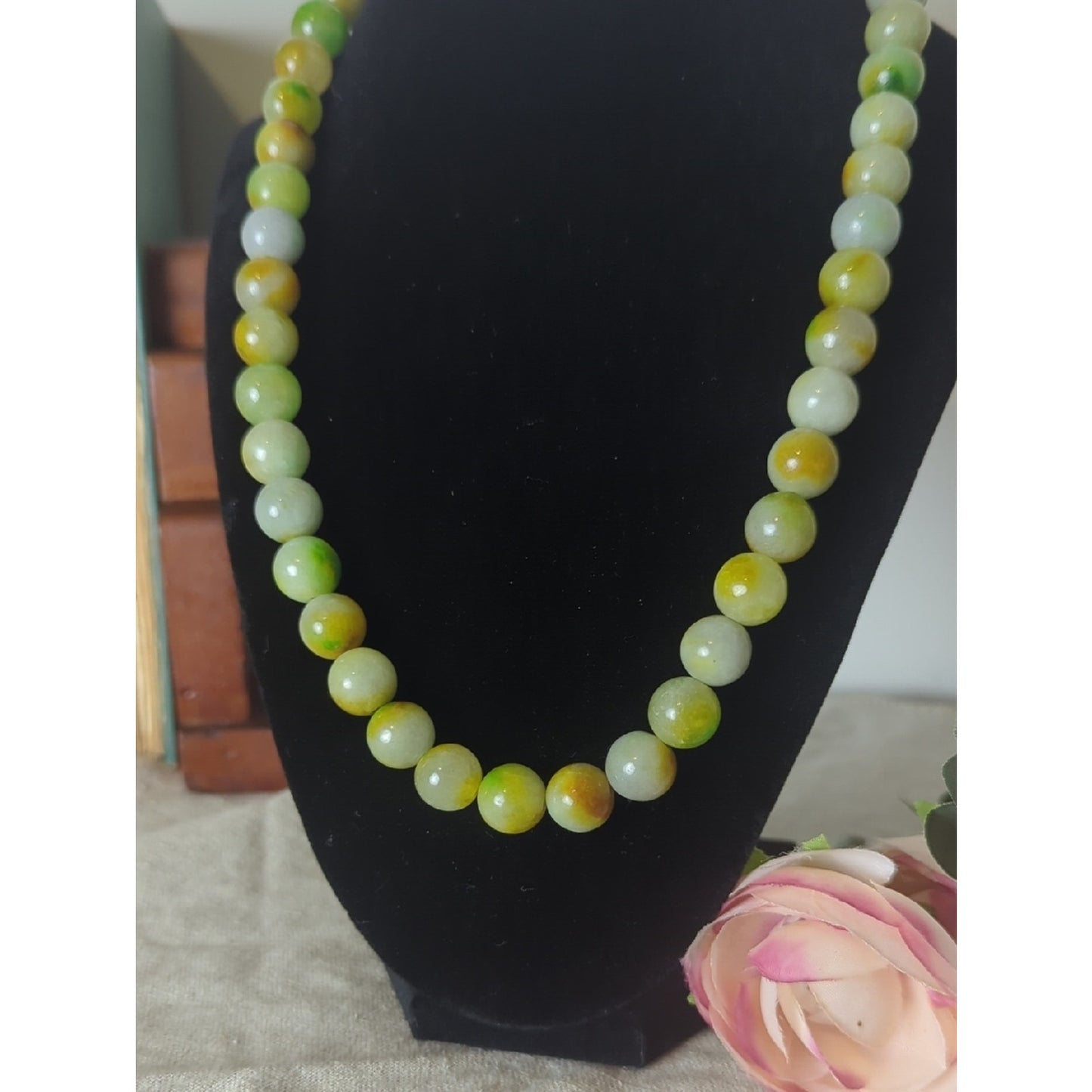 Jade Toned Stone Bead Necklace Earthy Luxe Green & Honey Gemstone Strand