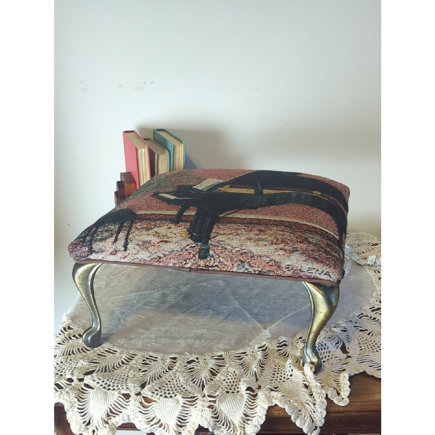 Vintage 90's/Y2K Tapestry Footstool  Baby Grand Piano Upholstery