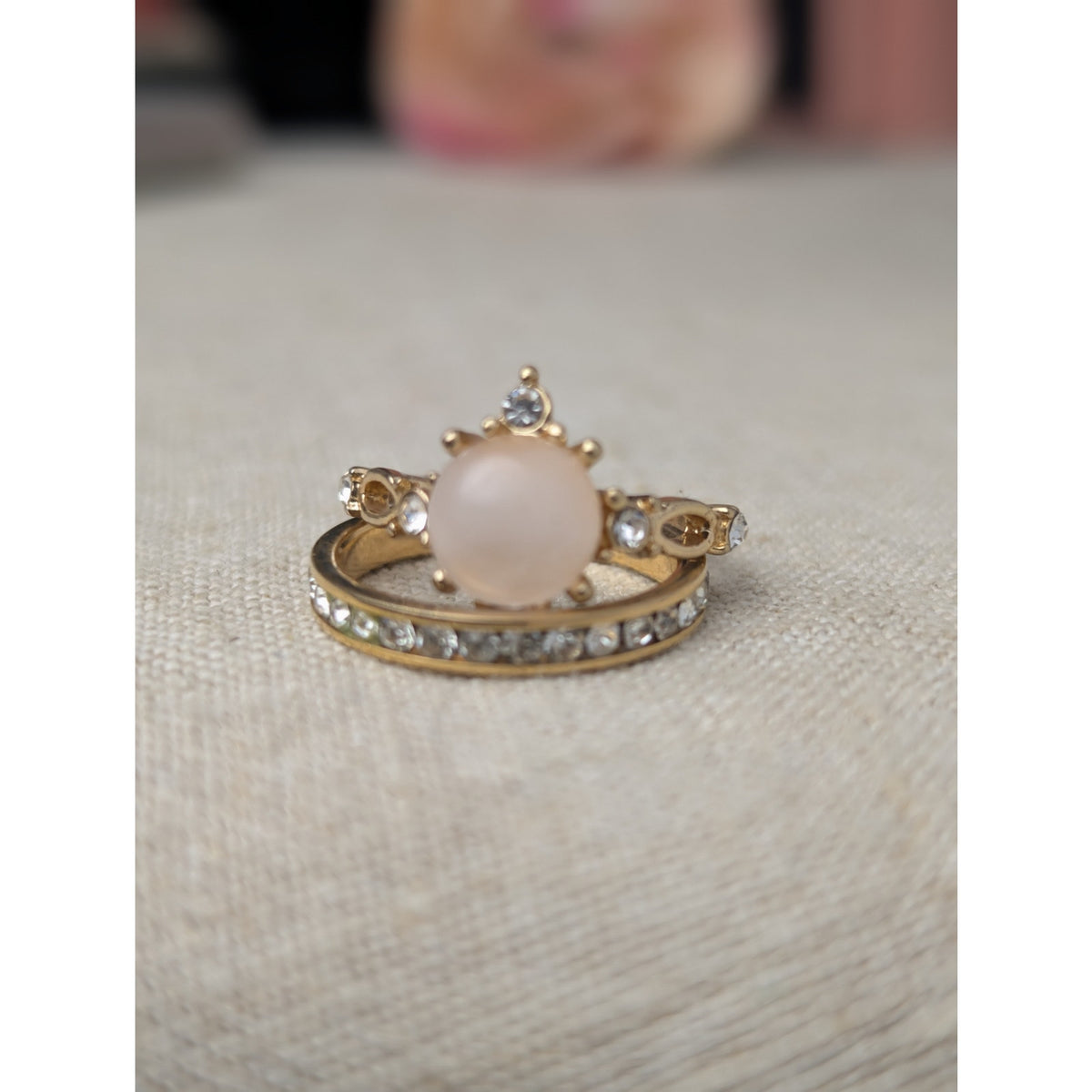 Pink Quartz Gold Tone Glass Rhinestone Ring Set Princess Storybook Size 7