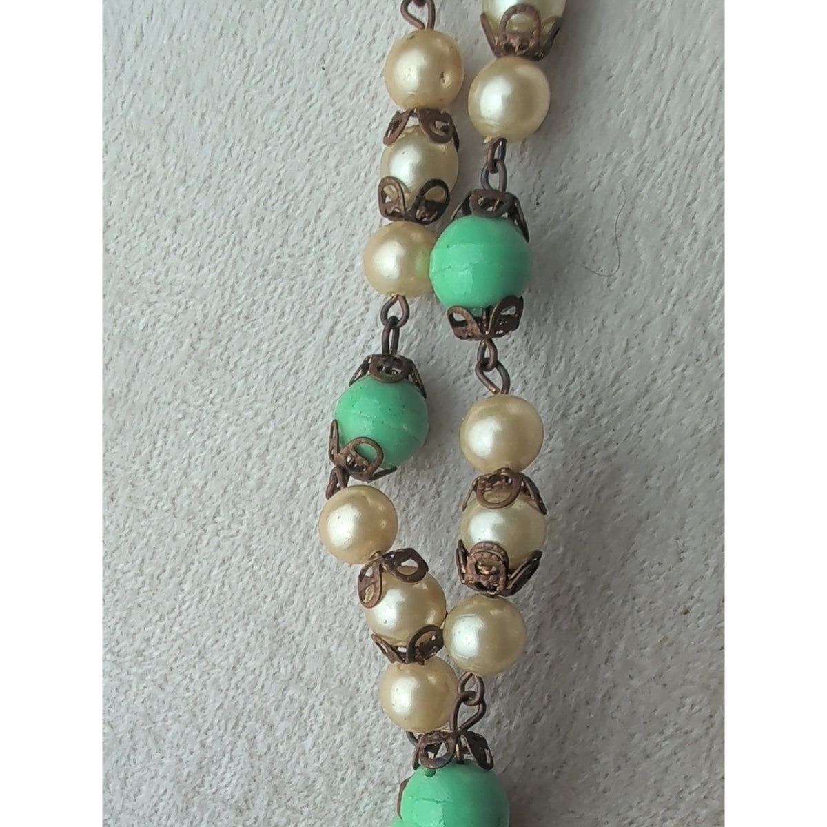 Vintage Seafoam Green Bead Glass Pearl Filigree Necklace & Screw Back Earrings