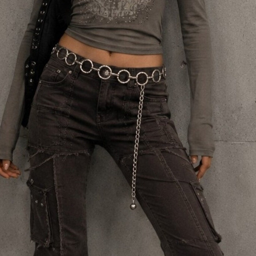 Vintage Y2K Rhinestone Chain Belt  Silver Tone Circle Link McBling 2000s Glam