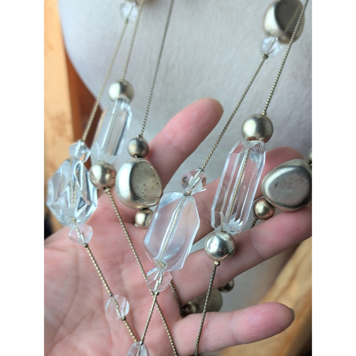 3 Strand Opera Necklace Silver Tone Clear Bead Chunky Art To Wear