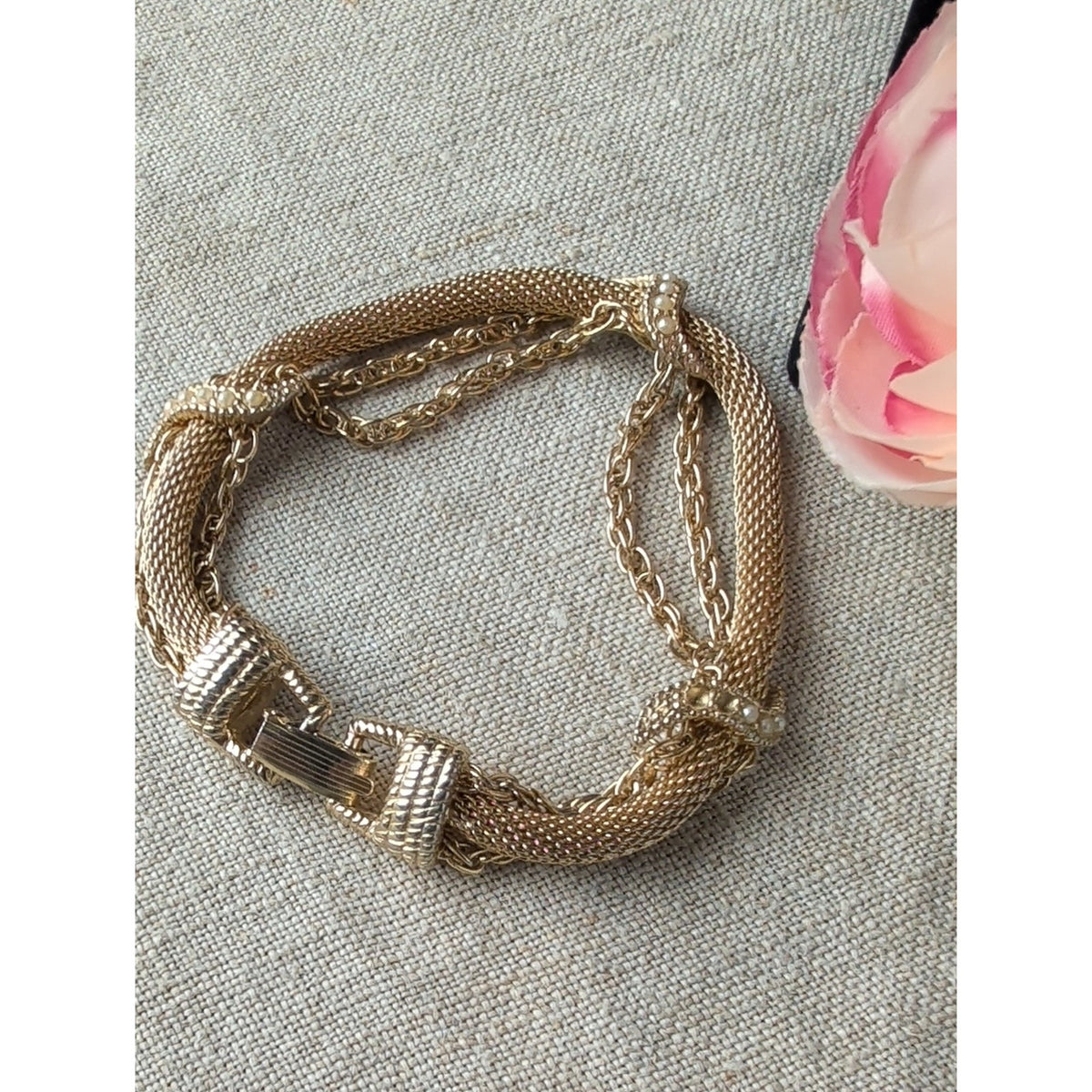Vintage 1960s Goldette Gold Tone Mesh Bracelet Wide Woven Victorian Revival