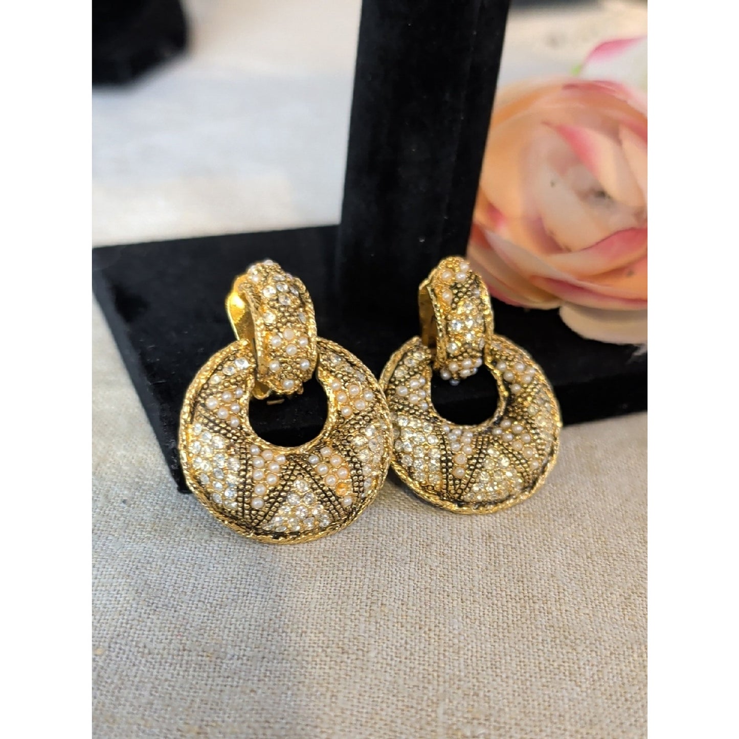 Vintage Bergere Faux Pearl Rhinestone Clip On Earrings Gold Tone Regency Glam