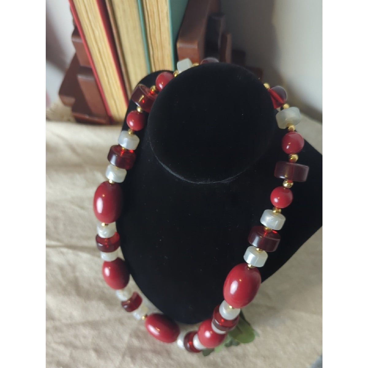 Vintage Monet Red 90's Retro Necklace Chunky Lucite & Gold Beaded Cranberry