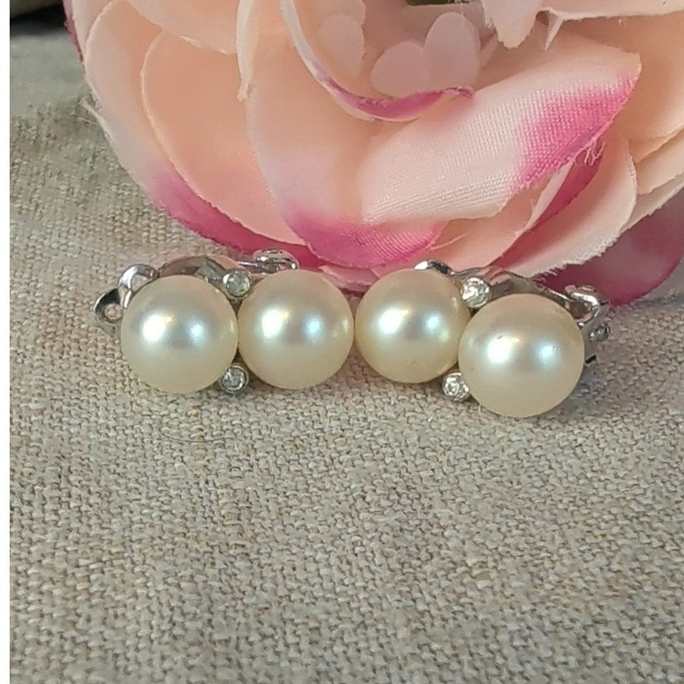 Vintage Panetta Double Faux Pearl Rhinestone Clip-On Earrings Signed
