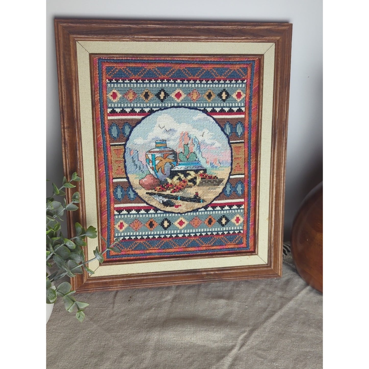 Vintage Southwestern Needlepoint Art Desert Still Life Pottery Scene 11x13