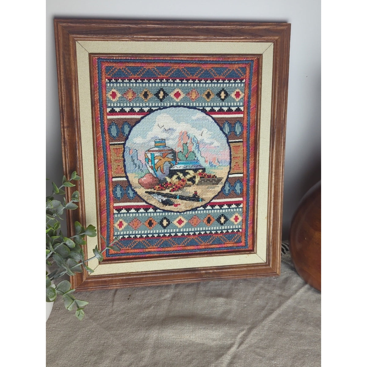 Vintage Southwestern Needlepoint Art Desert Still Life Pottery Scene 11x13