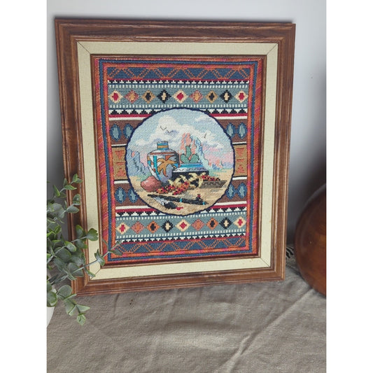 Vintage Southwestern Needlepoint Art Desert Still Life Pottery Scene 11x13