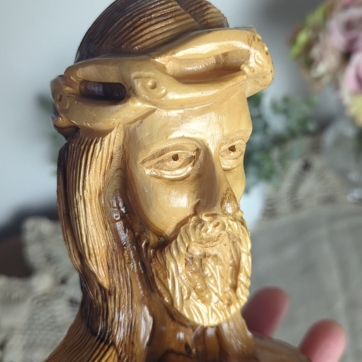 Vintage Hand Carved Olive Wood Jesus Bust Holy Land Israel Religious Carving
