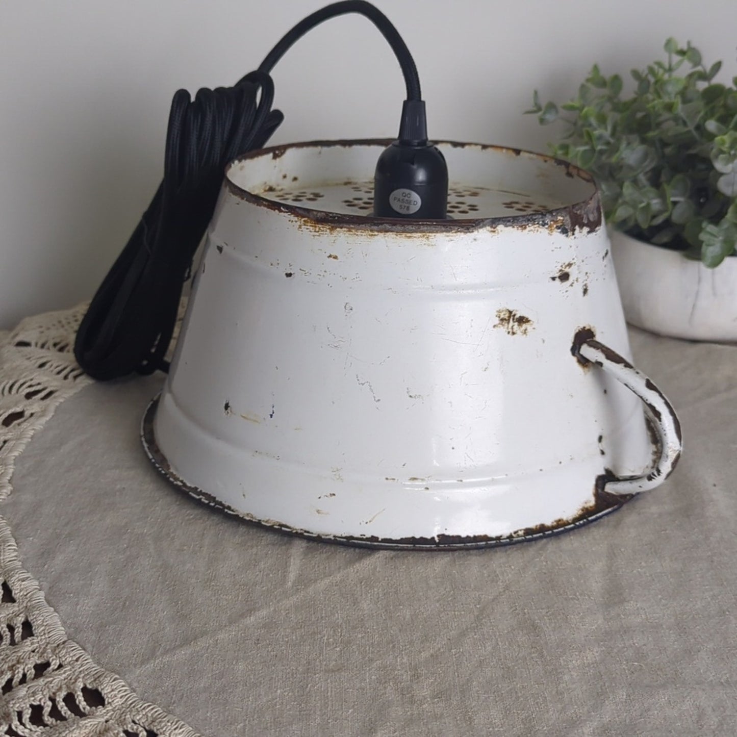 Vintage Enamel Colander Pendant Lamp Rustic Farmhouse Light w/ New Fixture