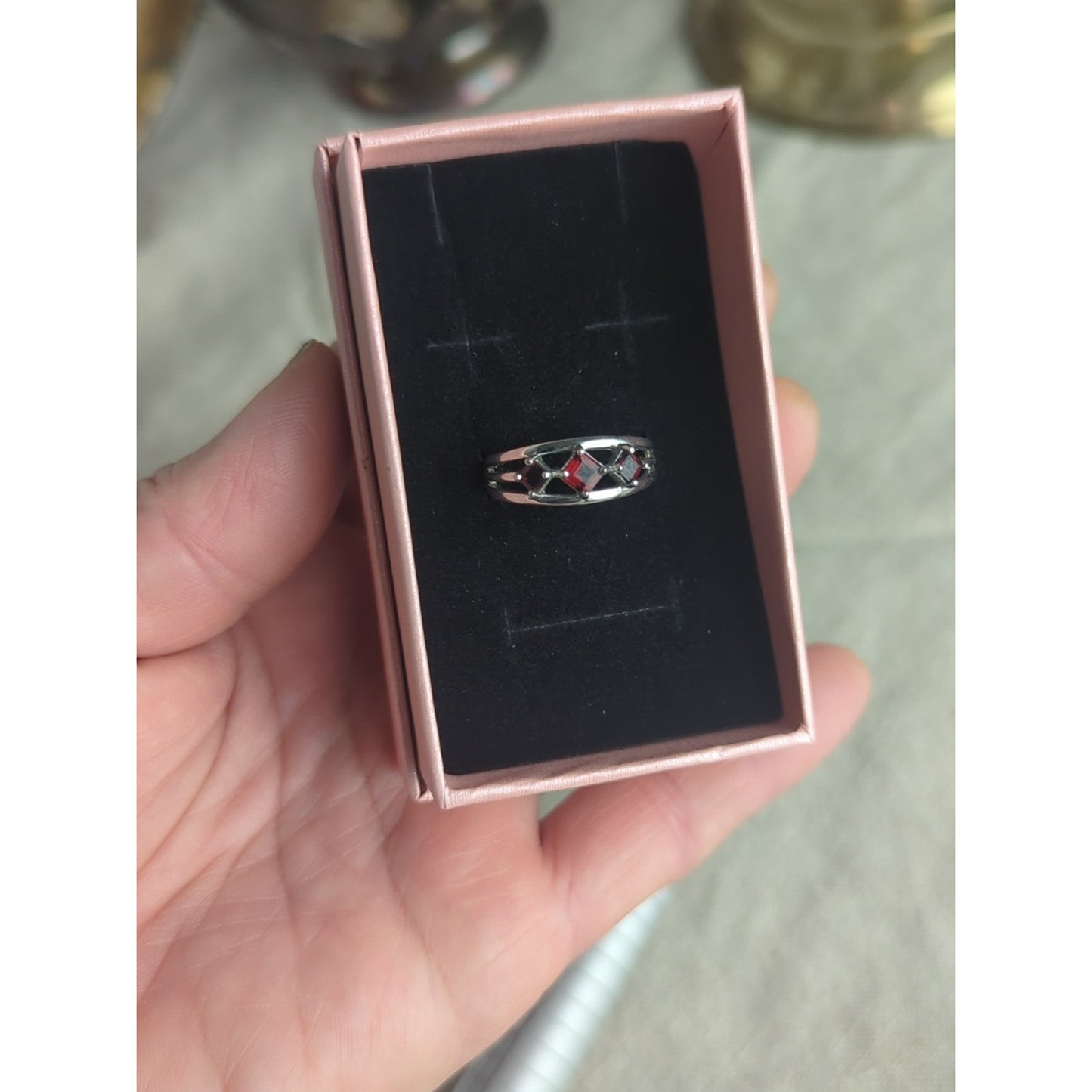 Sterling Silver 925 Red Stone Lattice Band Ring | Geometric Openwork Garnet Tone