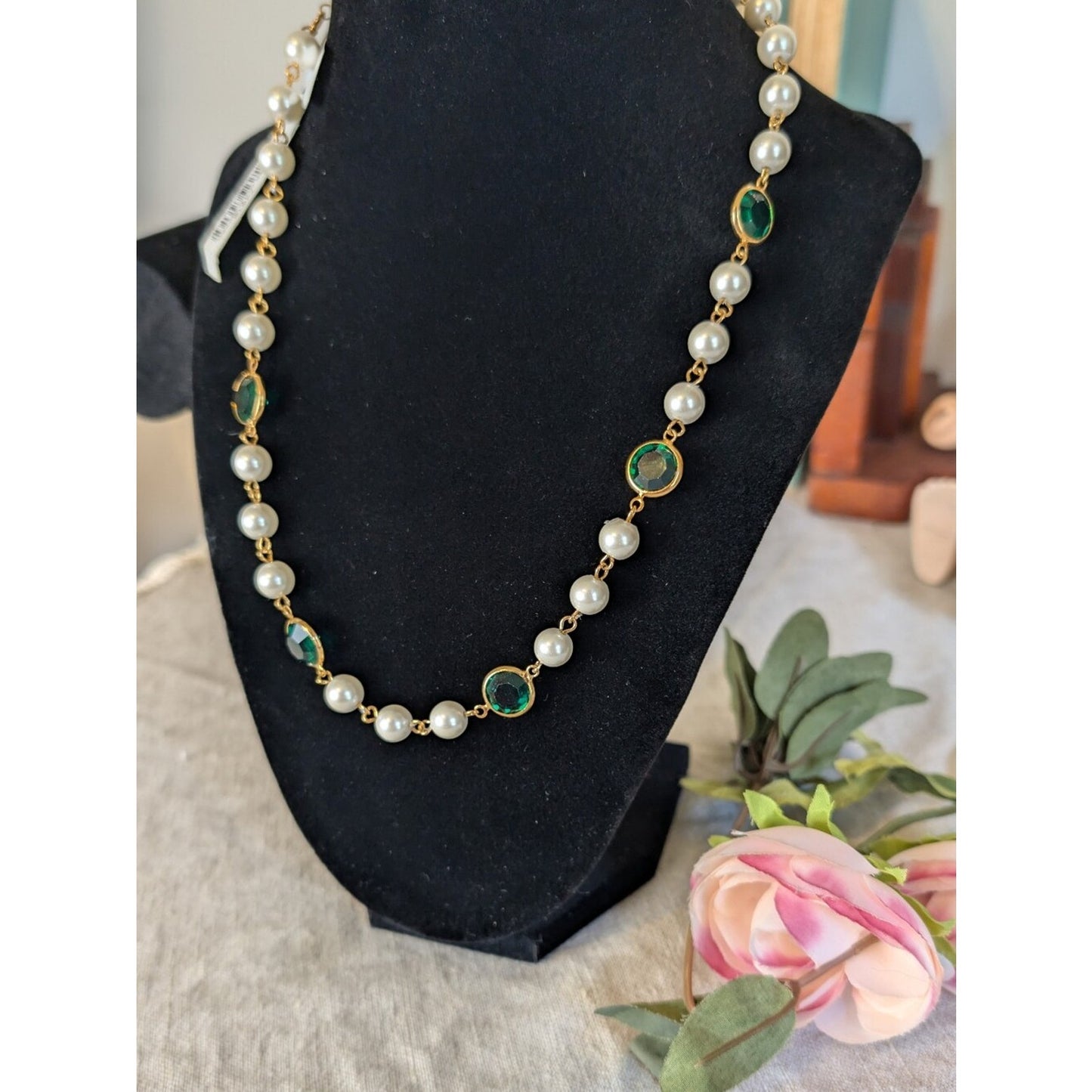 1928 14K Gold Dipped Faux Pearls Emerald Green Cabochon Necklace