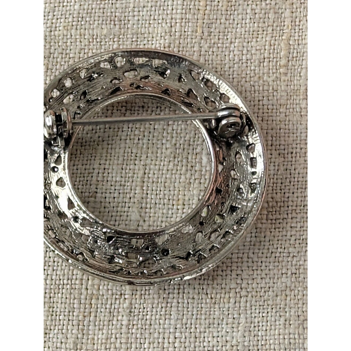 Vintage Faux Pearl Floral Circle Brooch Blue Cabochon Silver Tone Coquette