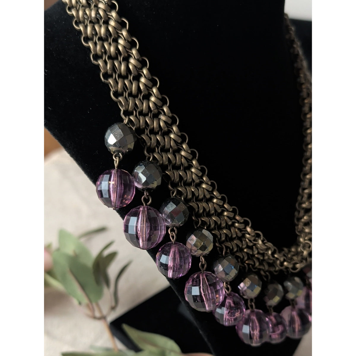 R.J. Graziano Purple Beaded Bib Statement Necklace Antique Brass Chain Boho Y2K
