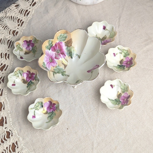 Vintage Made in Japan Porcelain Relish Server Set 3-Footed Bowl & 6 Floral bowls