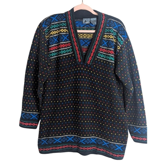 Vintage Tight Knit Pullover V-Neck  Colorful Preppy Sweater Women's Med.