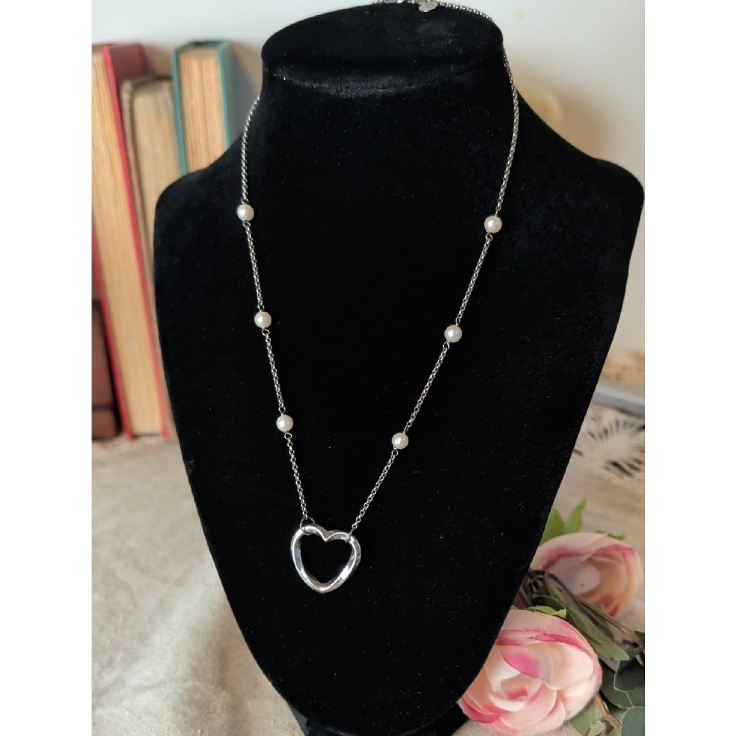 Adina Reyter 925 Sterling Silver Open Heart Pearl Necklace