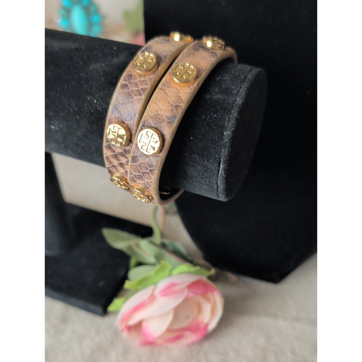 Tory Burch Brown Leather Double-Wrap Bracelet with Gold Studs