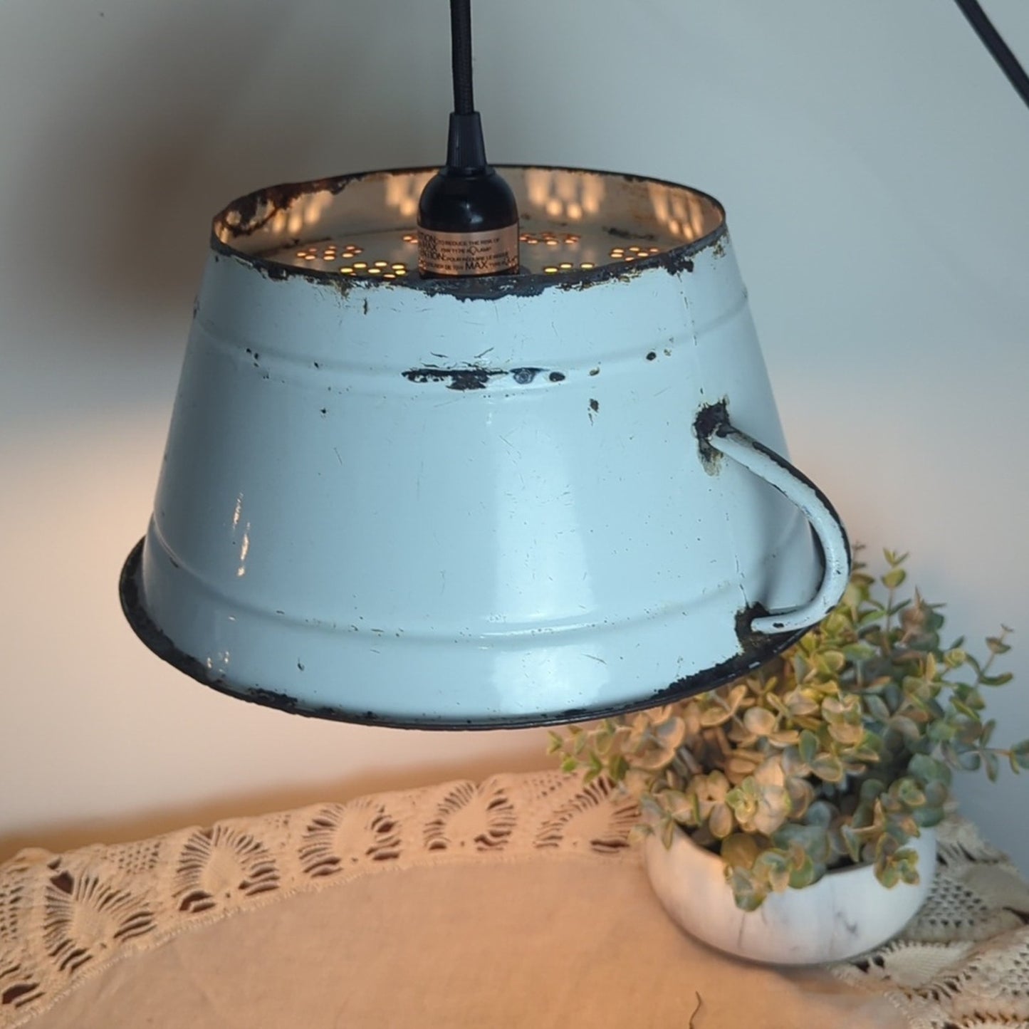 Vintage Enamel Colander Pendant Lamp Rustic Farmhouse Light w/ New Fixture