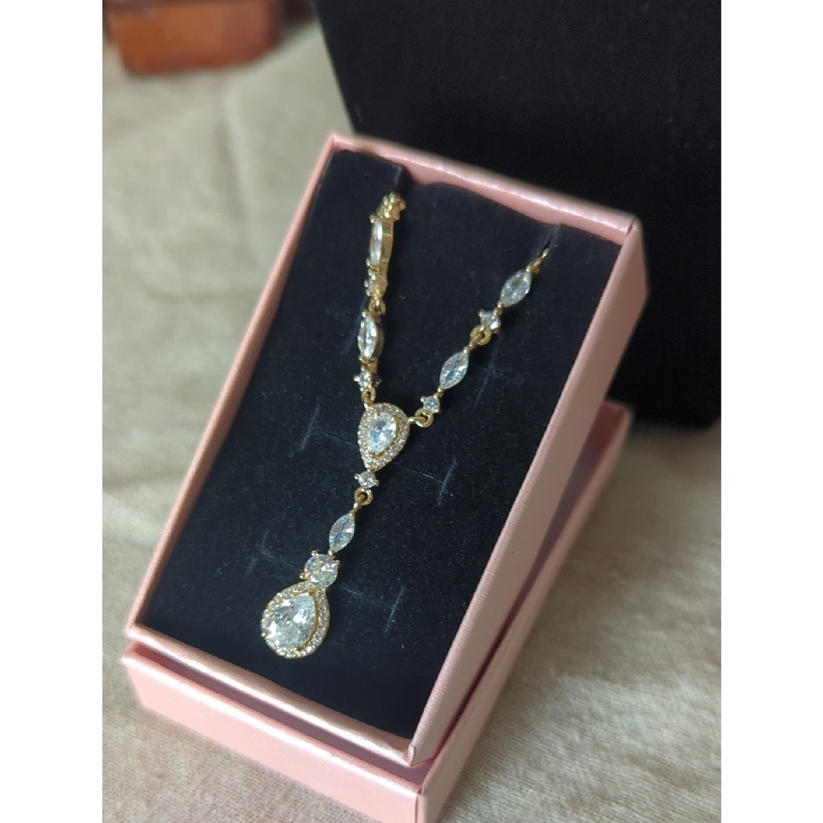 Gold Tone CZ Vine Drop Necklace  Soft Glam Bridal Inspired  Romantic Statement