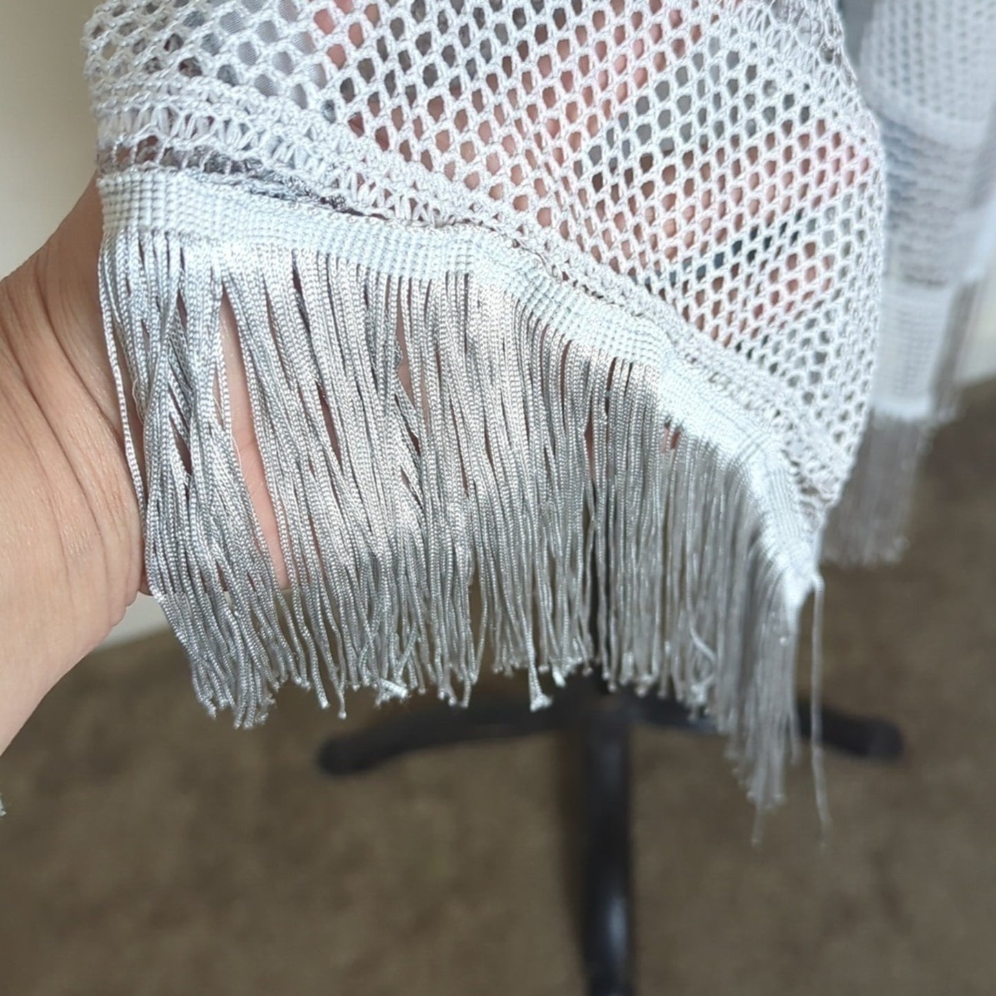 Boho Poncho Beach Cover up Knit & Netting Stripes Western Fringe One Size