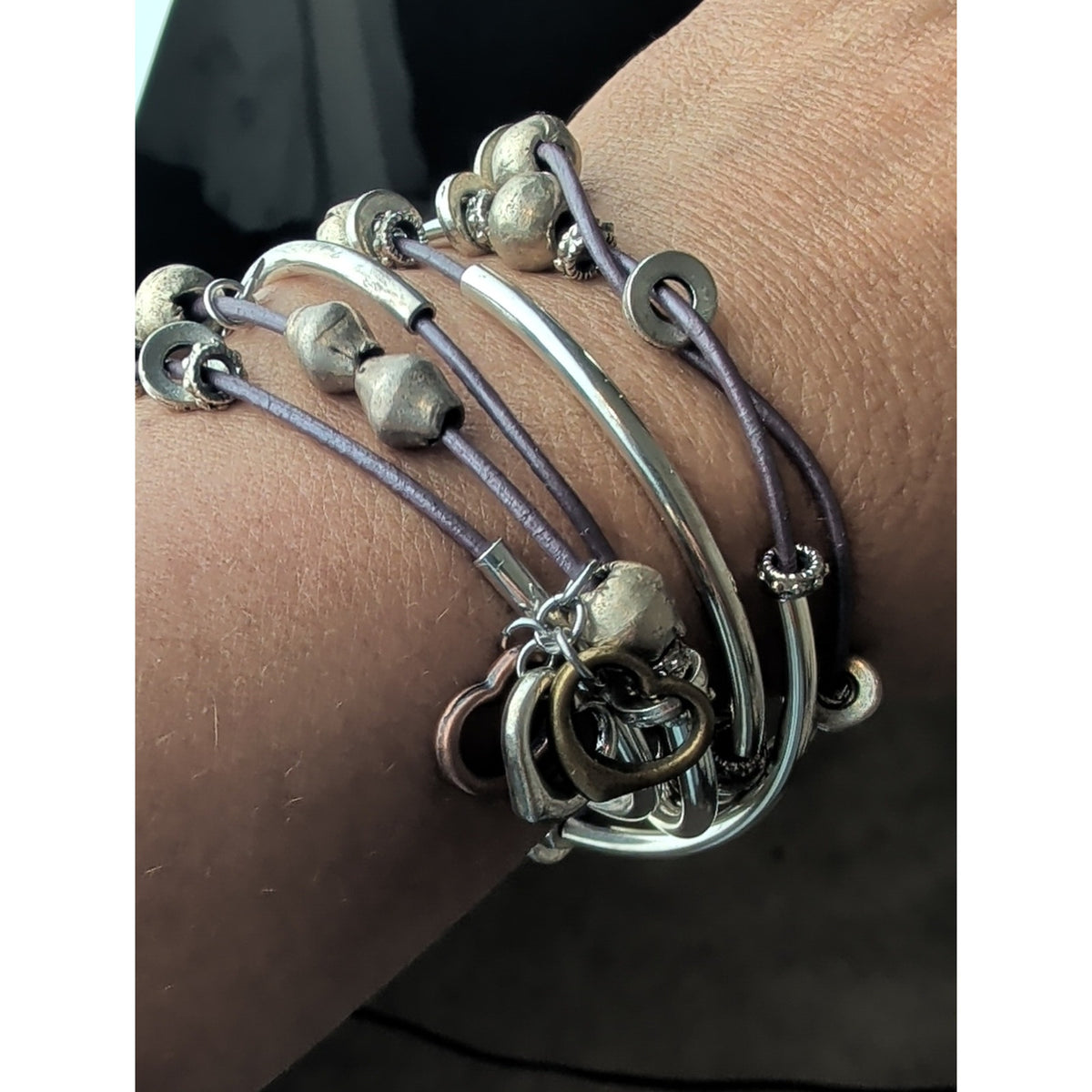 Lizzy James Leather Wrap Bracelet Necklace Convertible Silver & Gold Plated Sz L