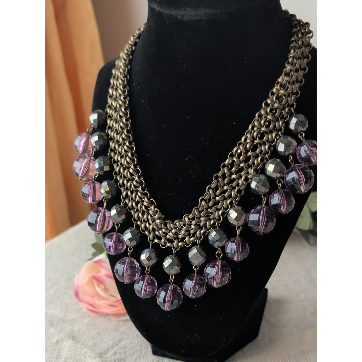 R.J. Graziano Purple Beaded Bib Statement Necklace Antique Brass Chain Boho Y2K