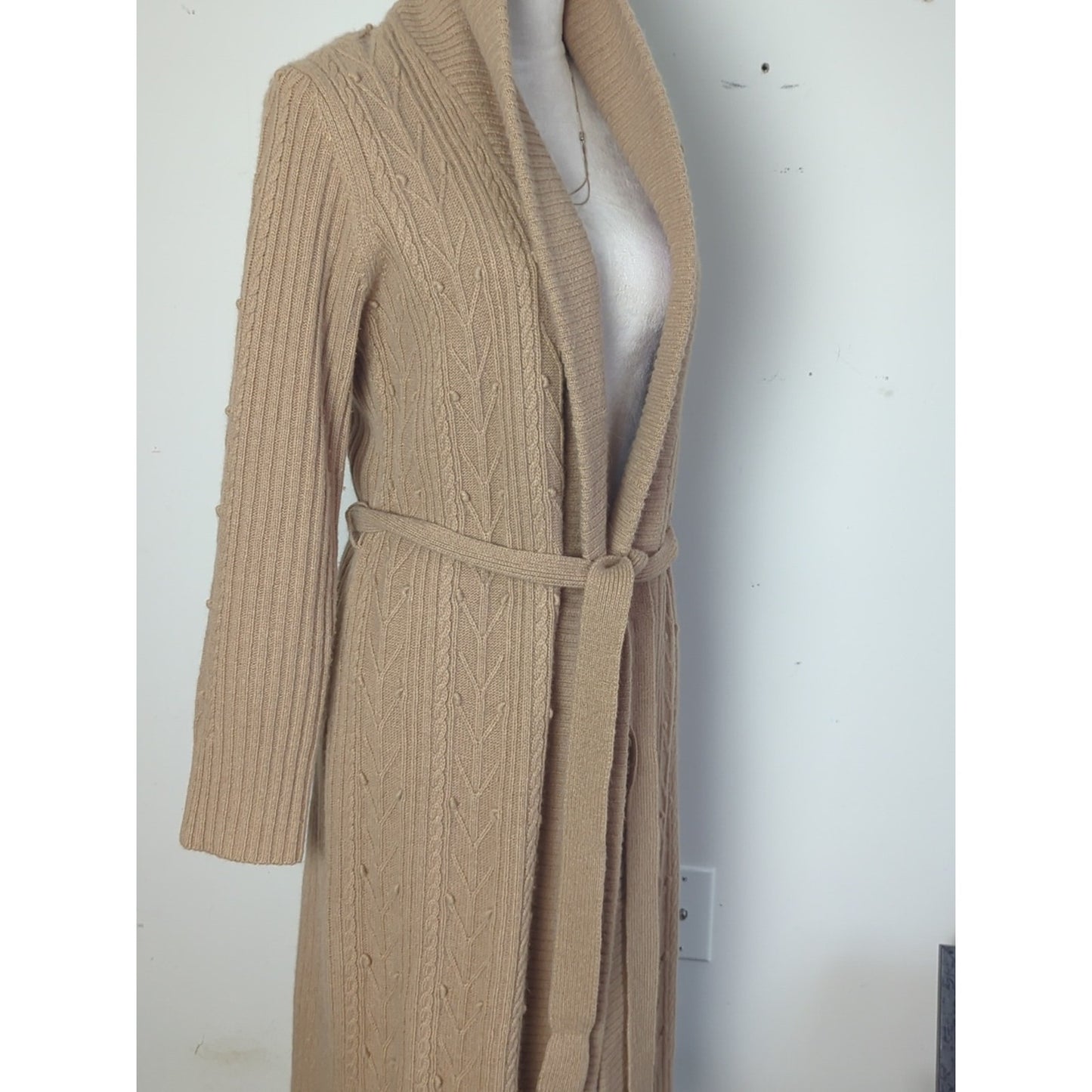 Lambswool Angora Midi Cardigan Y2K Neutral Cable Knit Belted Soft Luxe Layer L