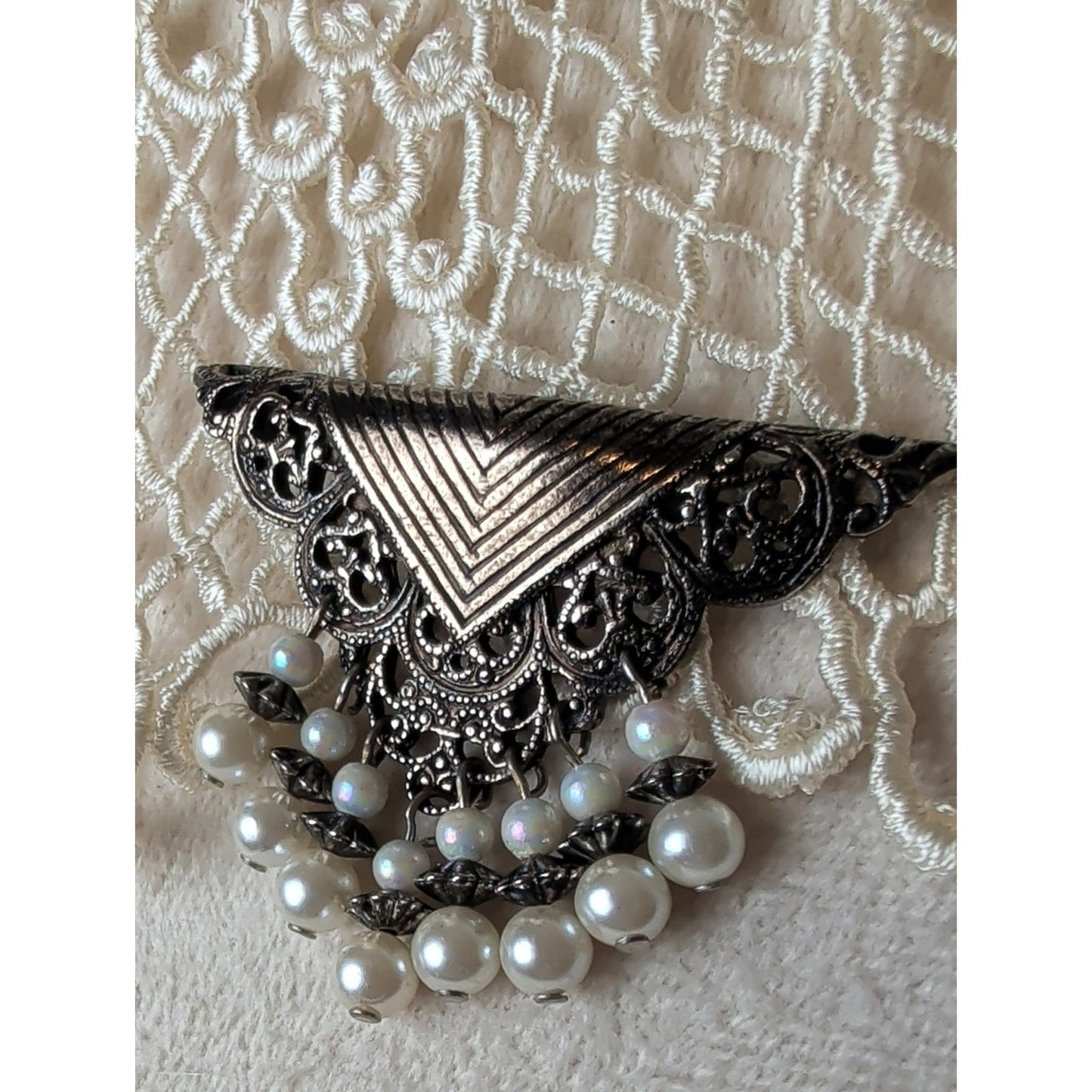 Vintage 90's Filigree Faux Pearl Dangle Brooch Antiqued Tone Victorian Revival