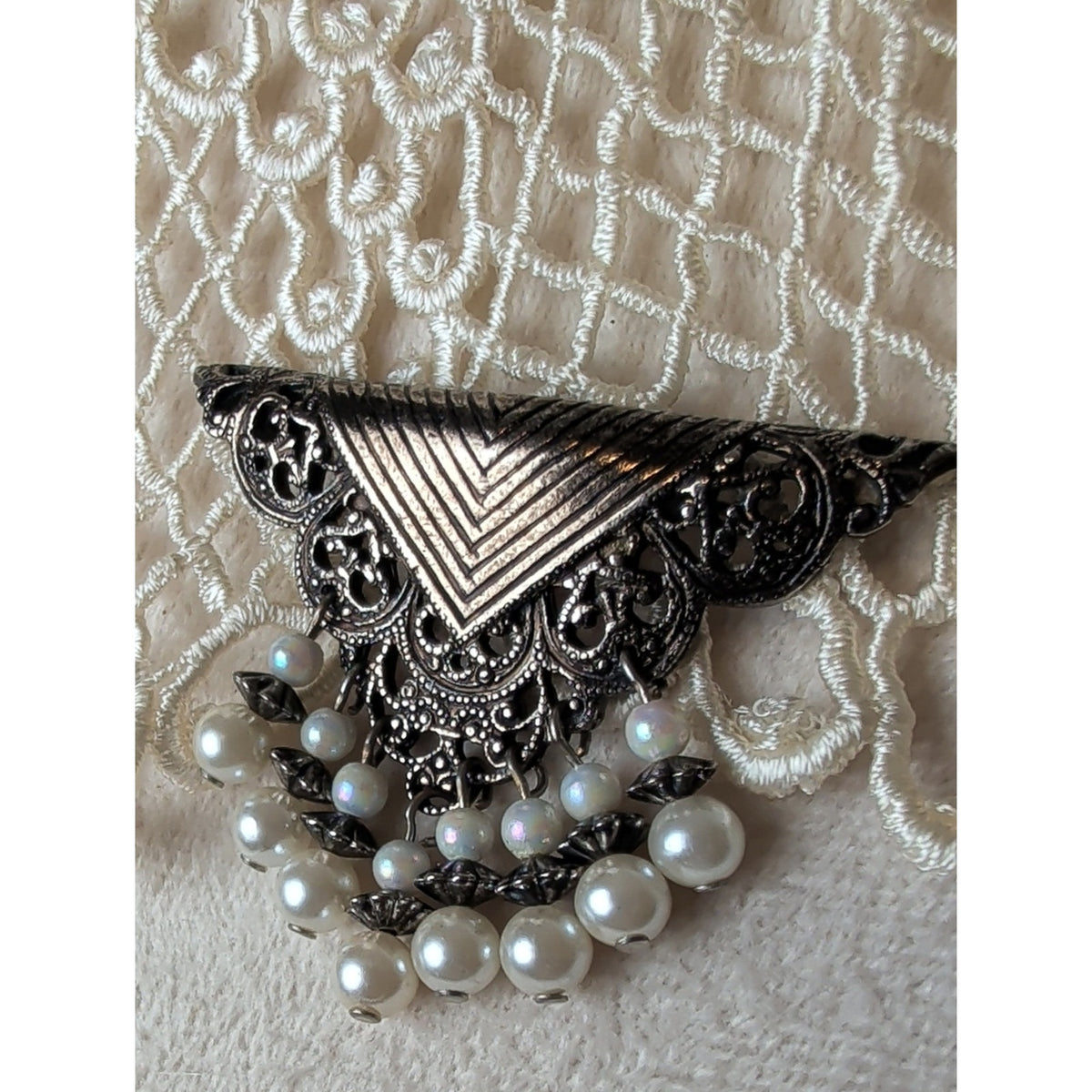 Vintage 90's Filigree Faux Pearl Dangle Brooch Antiqued Tone Victorian Revival