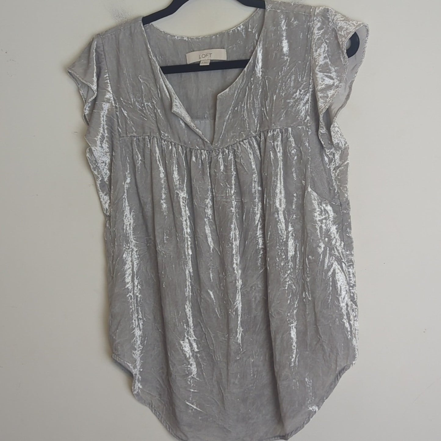 Silver Velvet V-Neck Flutter Sleeve Pullover Babydoll Top Women's Size S