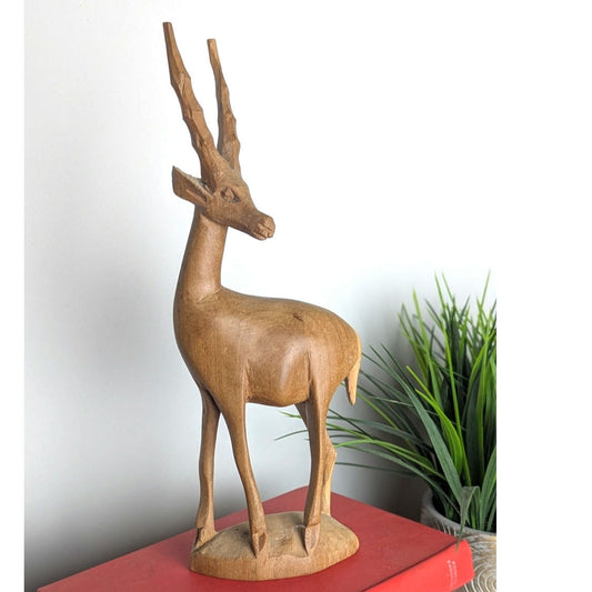 Vintage Hand-Carved Wooden Antelope · Mid-Century Modern Sculptural Decor · Organic Minimalist Styling