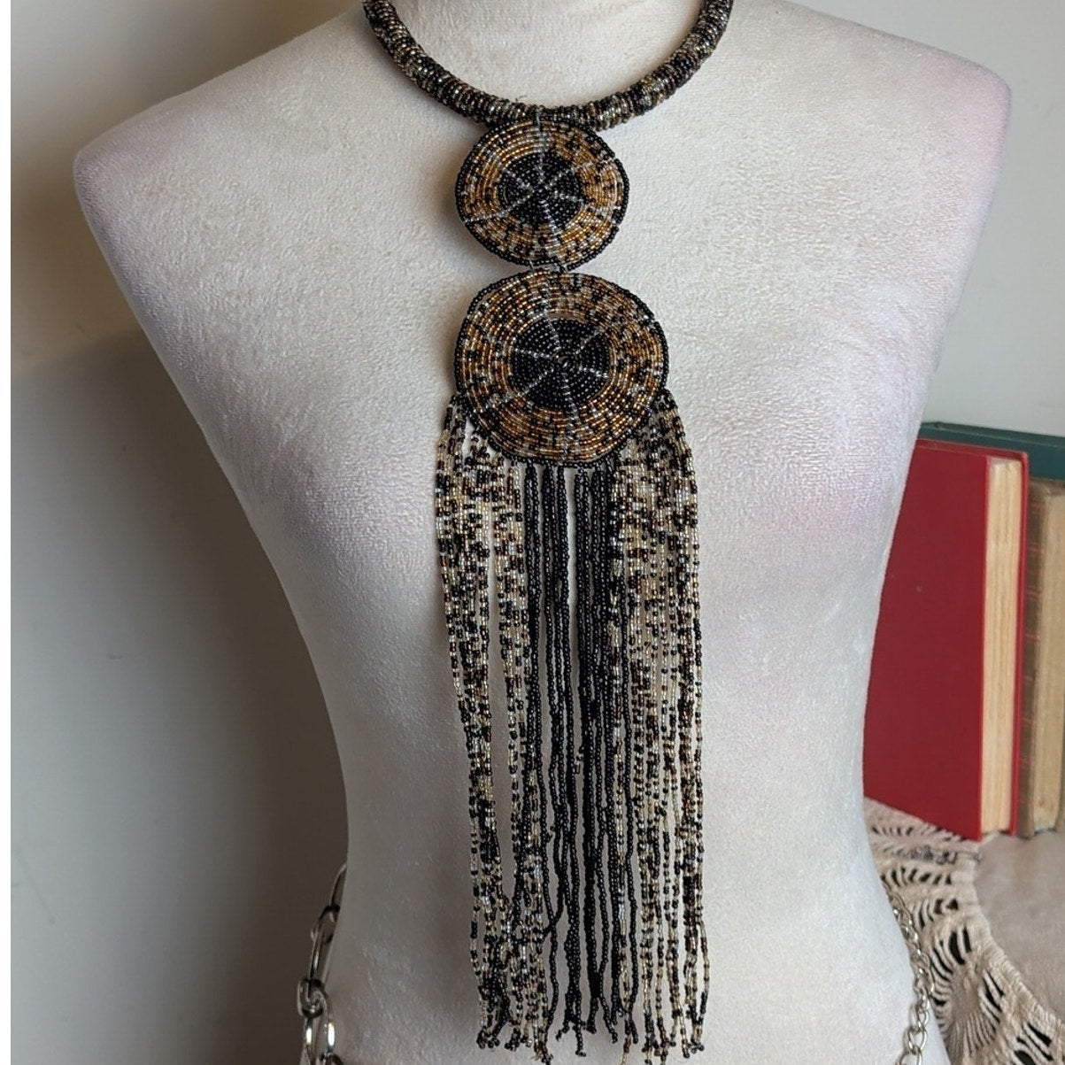 Handcrafted Beaded Fringe Statement Necklace Tribal Boho Luxe Wearable Art