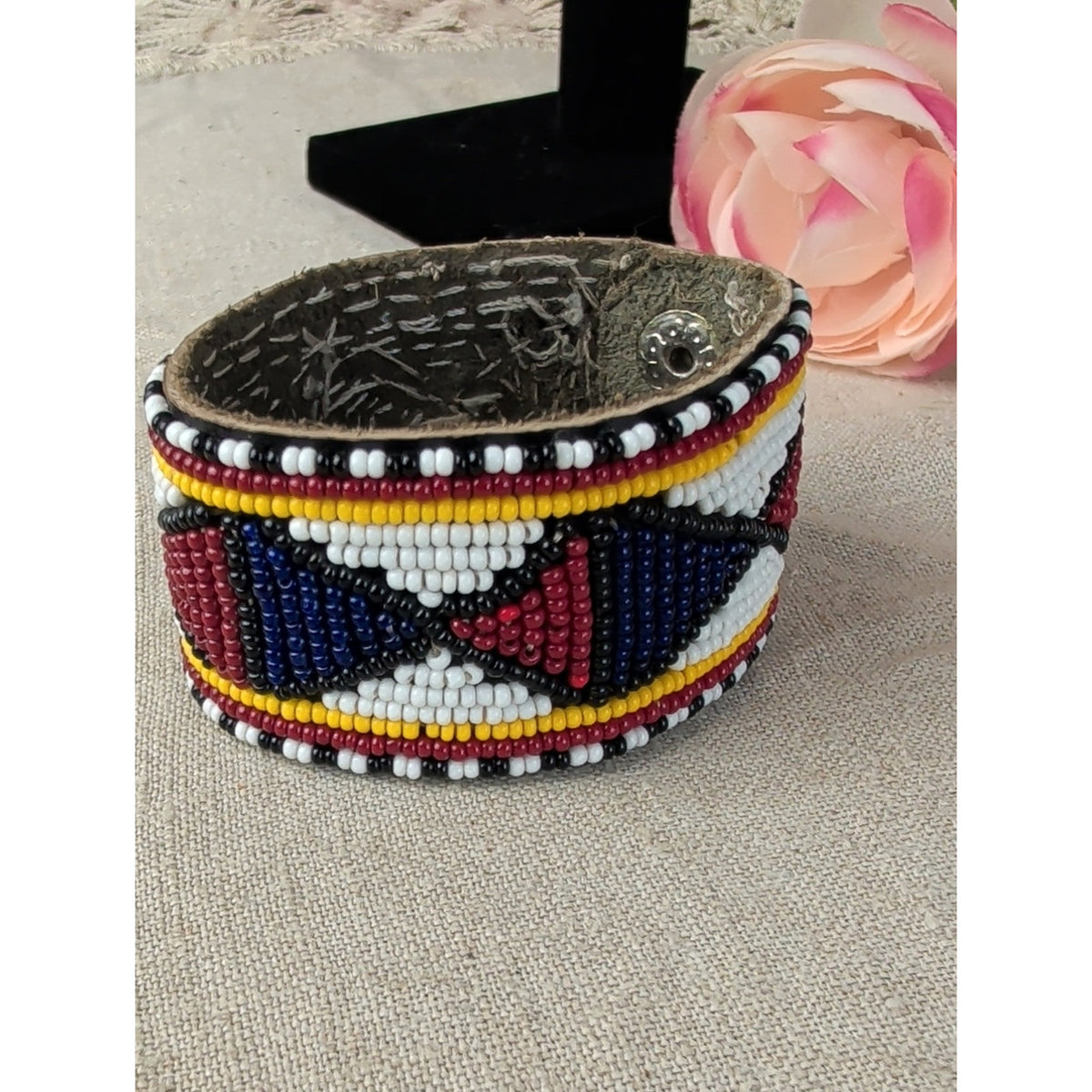 Southwestern Beaded Leather Cuff Bracelet Aztec Style Geometric Pattern