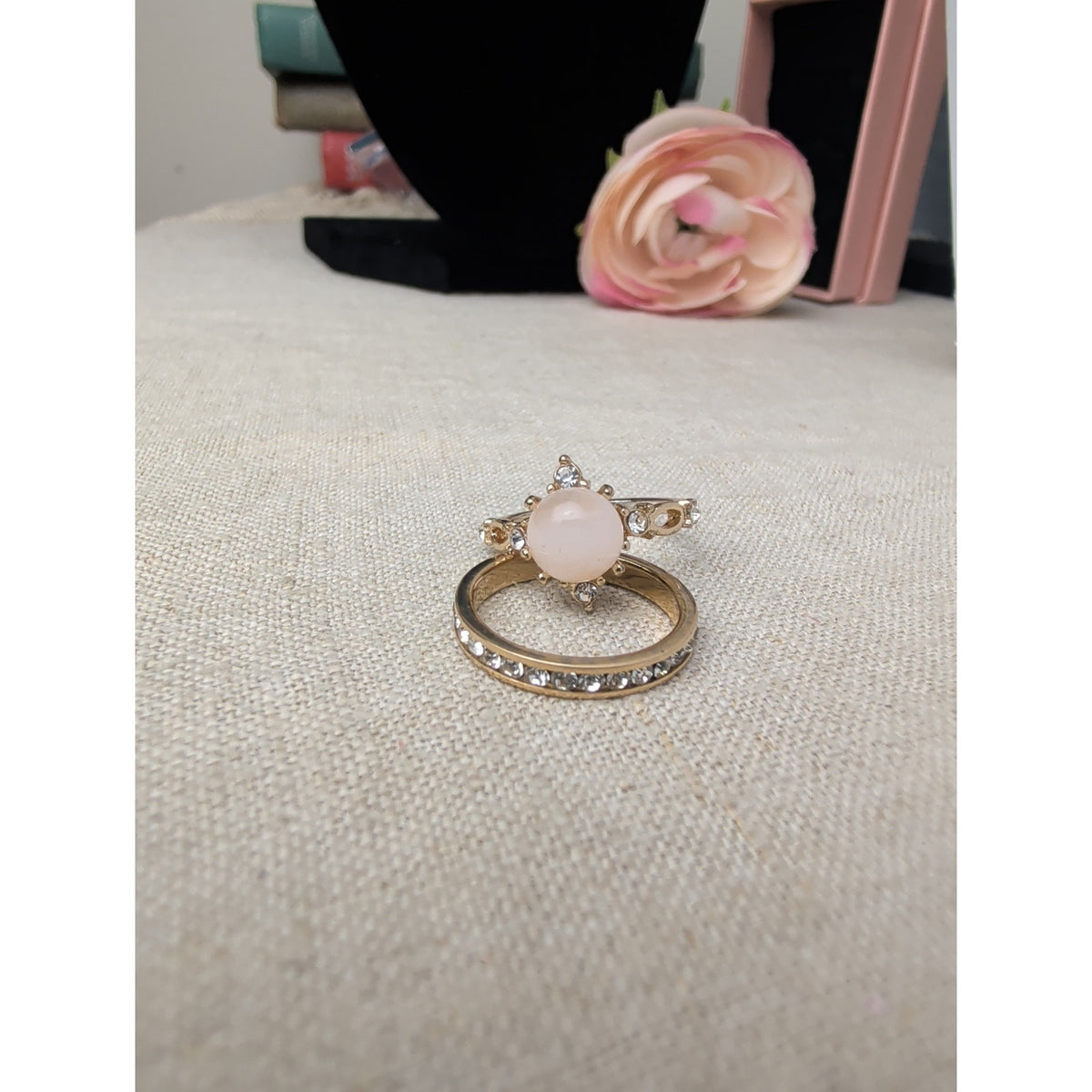 Pink Quartz Gold Tone Glass Rhinestone Ring Set Princess Storybook Size 7