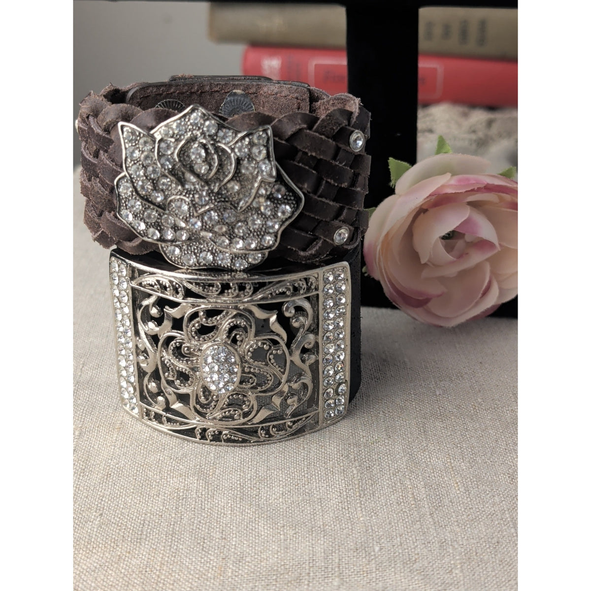 Coastal Cowgirl Genuine Leather Snap Rhinestone Bracelet Black & Brown Layering