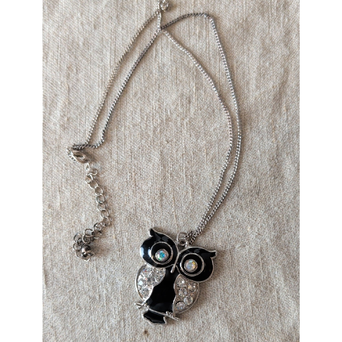 Vintage Black Enamel Owl Pendant Necklace Large 2" Rhinestone Glass Crystal