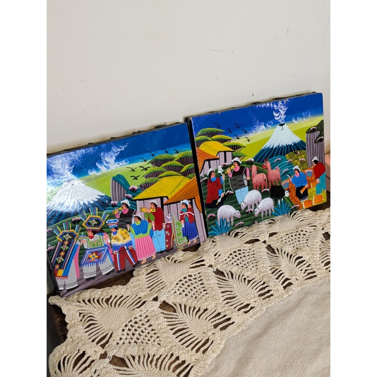 Ecuadorian Folk Art Paintings Pair Hand Painted Andean Village Textured Canvas