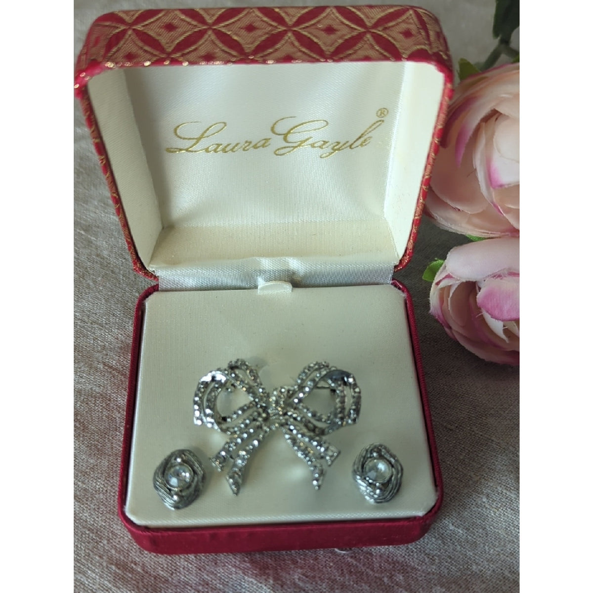 Vintage Laura Gayle Rhinestone Bow Brooch & Earrings 90s Coquette Jewelry
