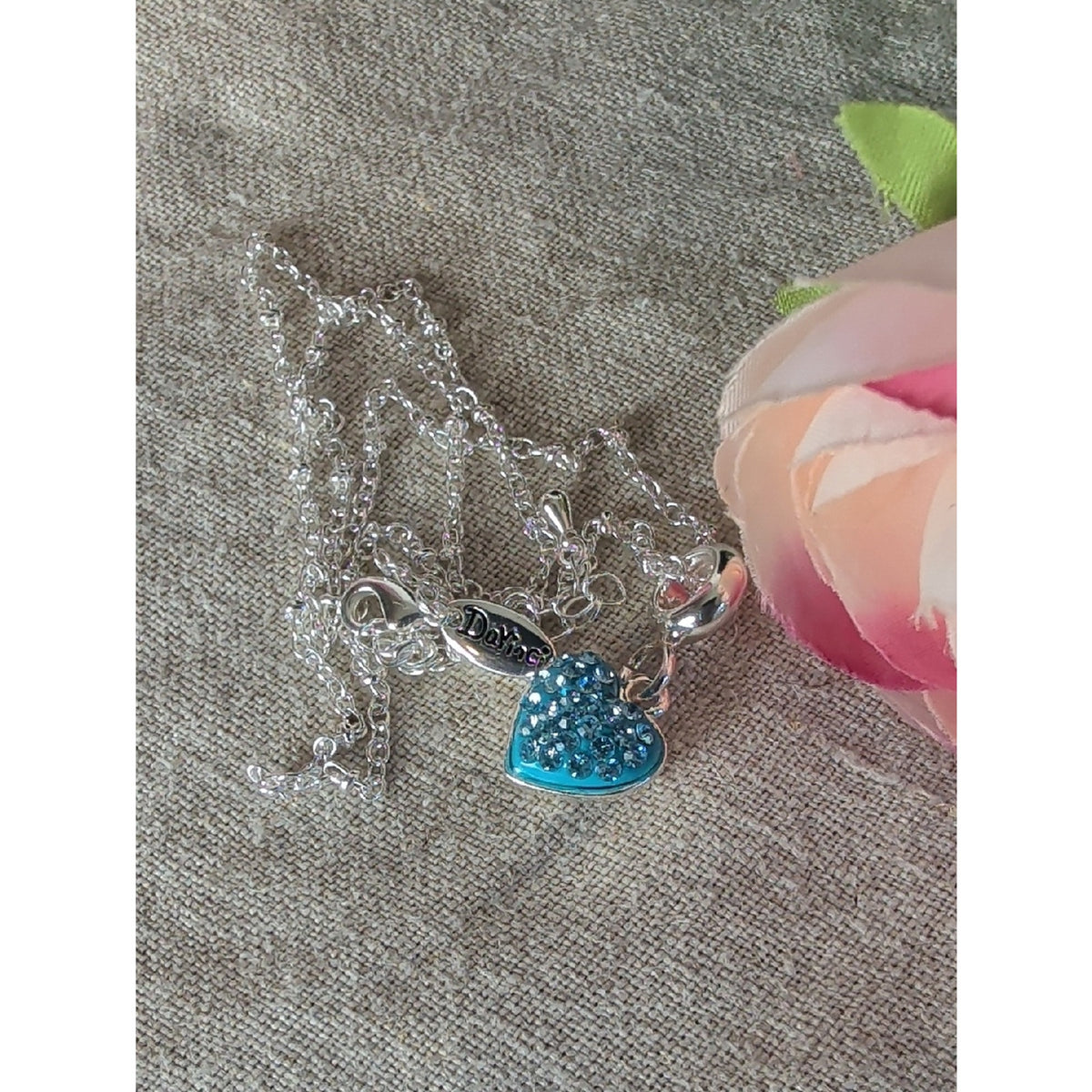 DaVinci Blue Rhinestone Heart Pendant Necklace | Y2K Silver Tone Charm Necklace
