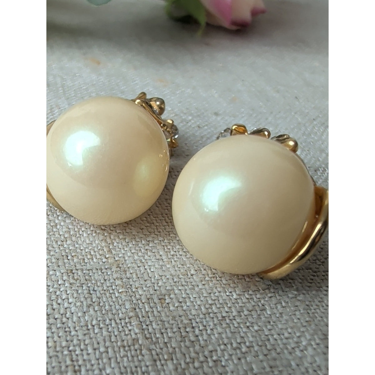 Vintage 80s 90s Faux Pearl Rhinestone Drop Earrings Gold Tone Statement Glam