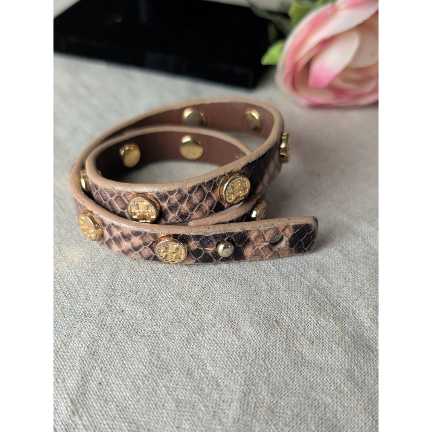 Tory Burch Brown Leather Double-Wrap Bracelet with Gold Studs