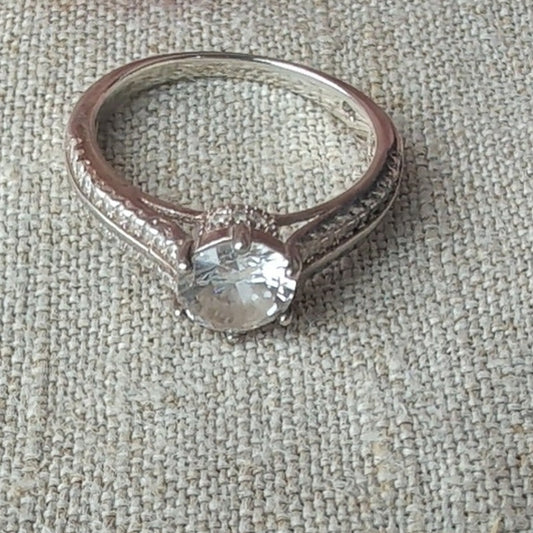 925 Sterling Silver Glass Solitaire Ring with CZ Accents Engagement Style