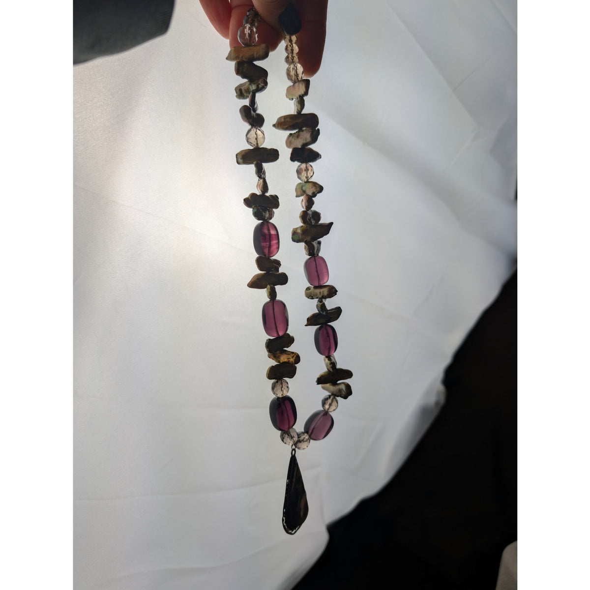 Vintage Mexican Sterling Silver Artisan Necklace, Inlay Abalone Shell Pendant, Iridescent Stick Pearl & Purple UV  Glass Beads, Signed DE 925
