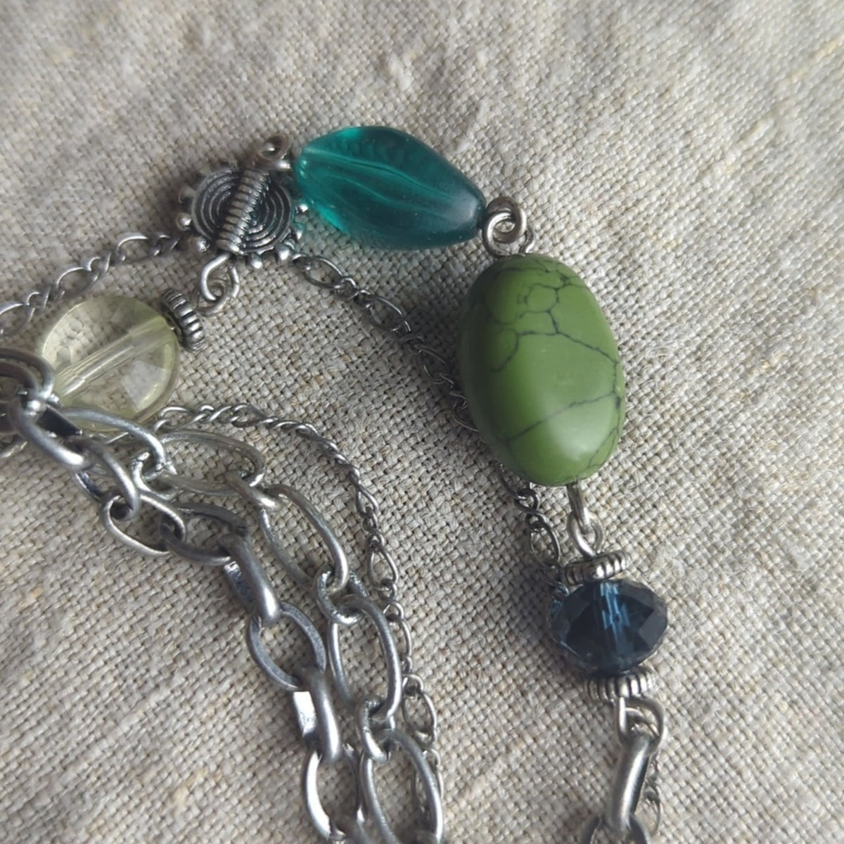 Boho Multi Strand Necklace Green Stone Bead Layered Artisan Style Earth Tone